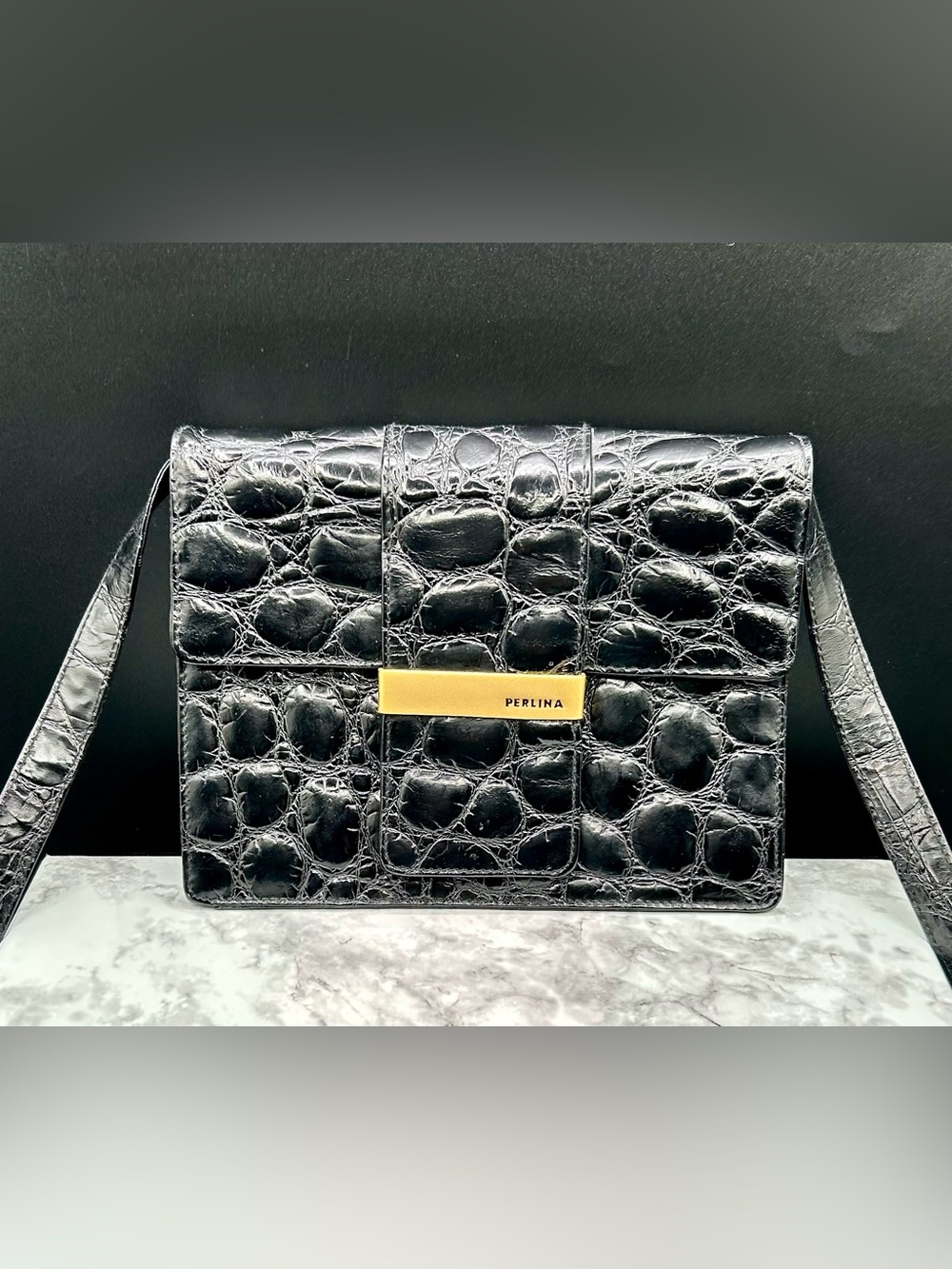 PERLINA Black Shoulder Bag Crocodile-Print.